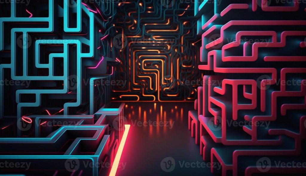 cyber-circuit-futuristic-neon-background-motif-maze-techno-wallpaper-landscape-generative-ai-photo