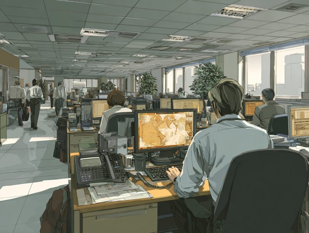 real people not animations, in a full steam working office situation