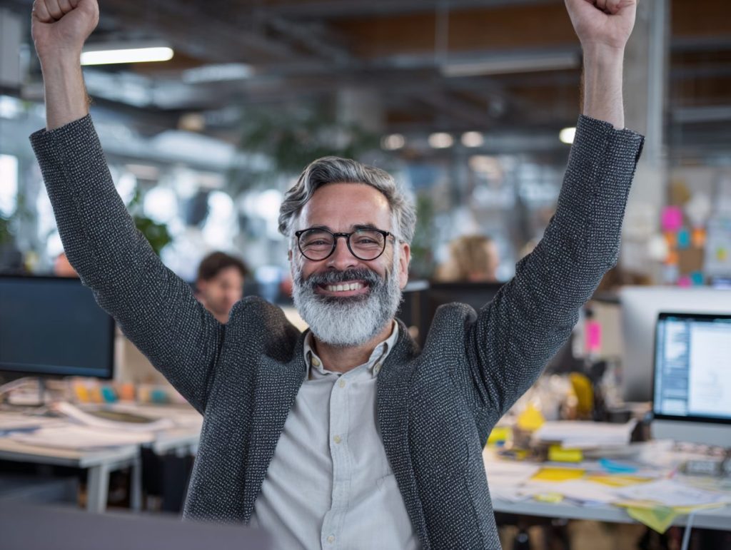 serious person that made a breakthrough in the work office environment and are really happy