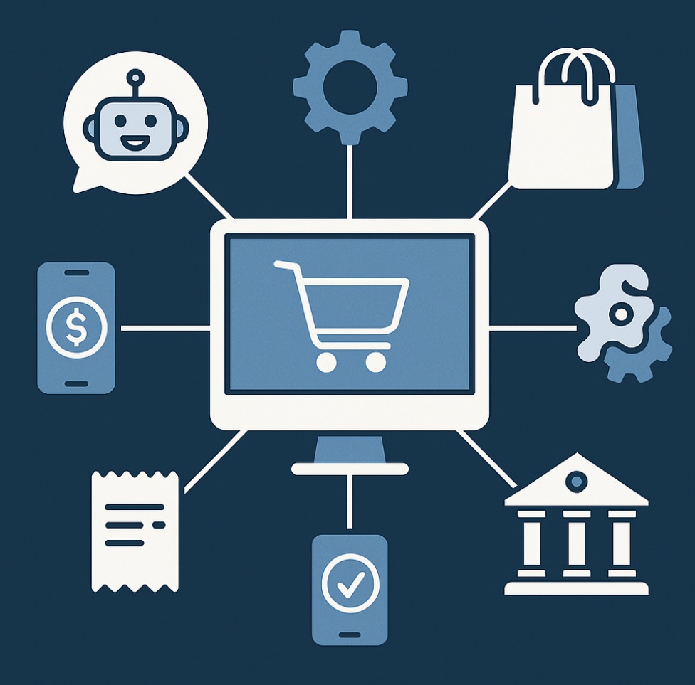 Digital illustration representing agentic commerce, showing a connected network of icons.
