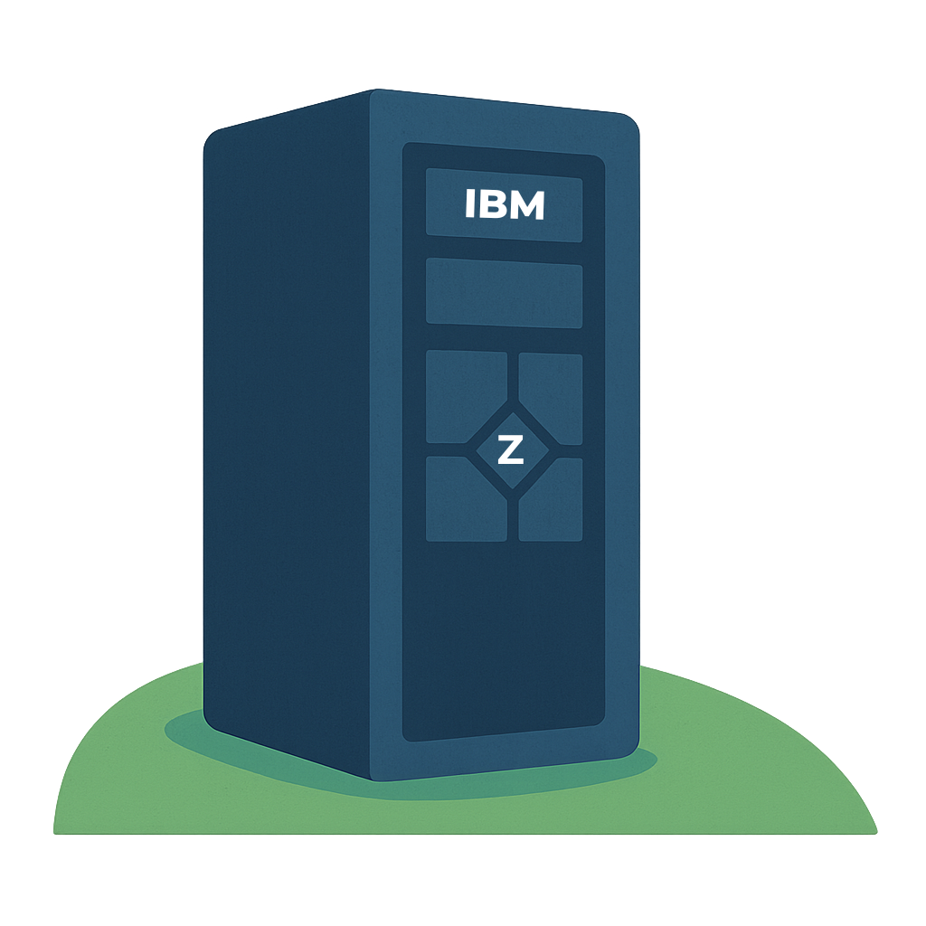 Illustration of the IBM z17 mainframe on a soft green hill, symbolizing IBM’s sustainable and energy-efficient design. The dark blue IBM z17 represents the modern “green mainframe,” powered by the Telum II processor and optimized for AI workloads and quantum-safe security. The image highlights the eco-friendly vision of IBM z17 in the AI and Quantum Era — reducing power usage by 17% while maintaining high performance and reliability.