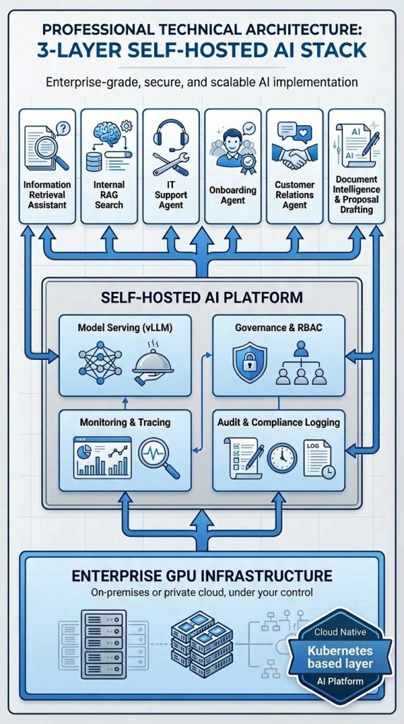 Jarvis Professional technical architecture, 3 layer self hosted Enterprise AI Platform stack