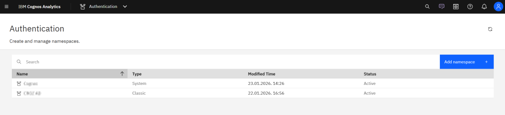 IBM Cognos Analytics Namespace manager screen