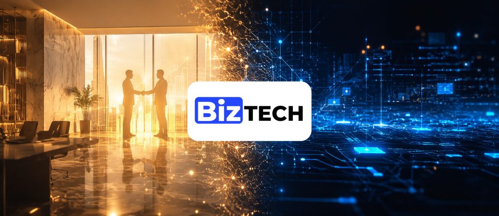 business and technology merge in a split biztech newsletter header with a warm office handshake, growth lines and glowing blue digital networks