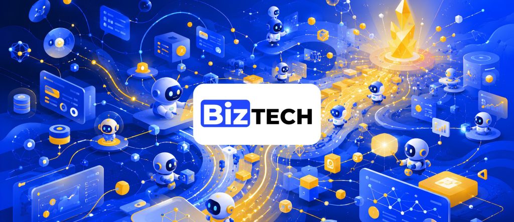 AI agents connected by flowing data streams create a dynamic ecosystem of innovation