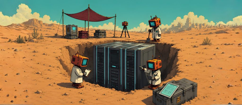 robots in lab coats excavating a modern mainframe system at a futuristic archaeological site