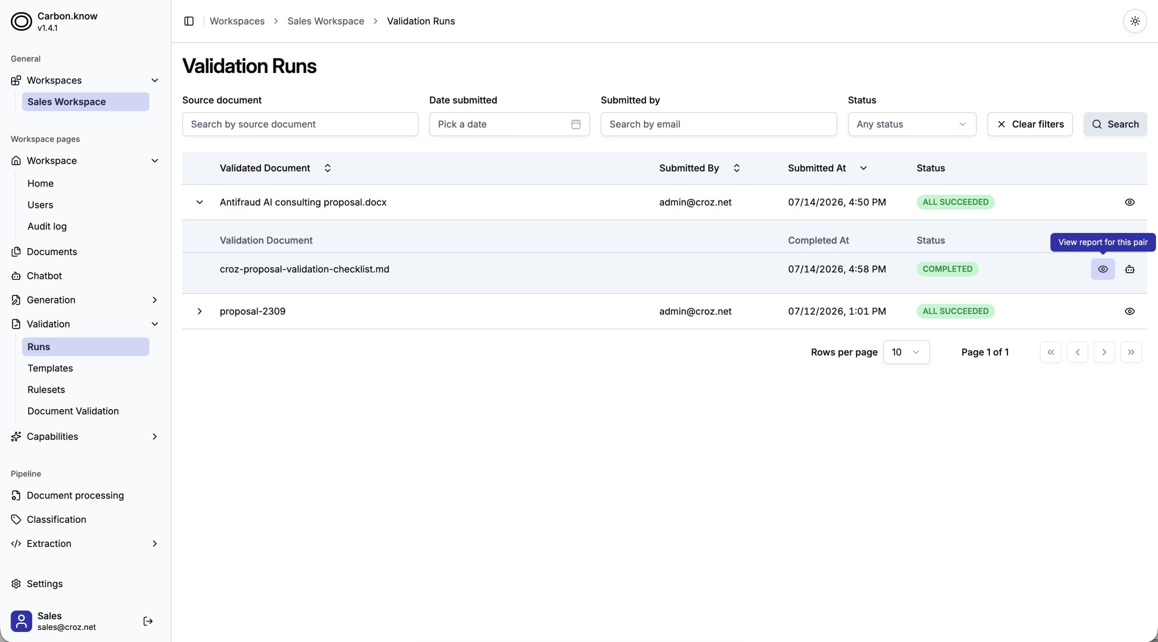Carbon.know document validation runs and status