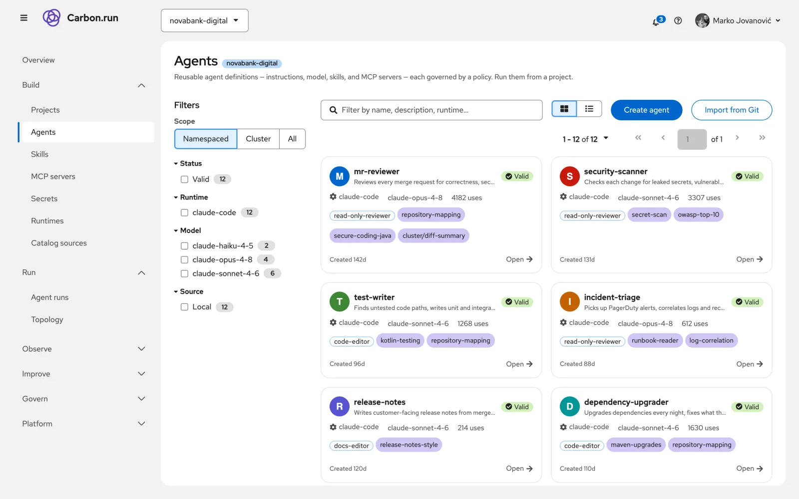 Catalog of 12 agents with their model, skills, policy and how often each was used