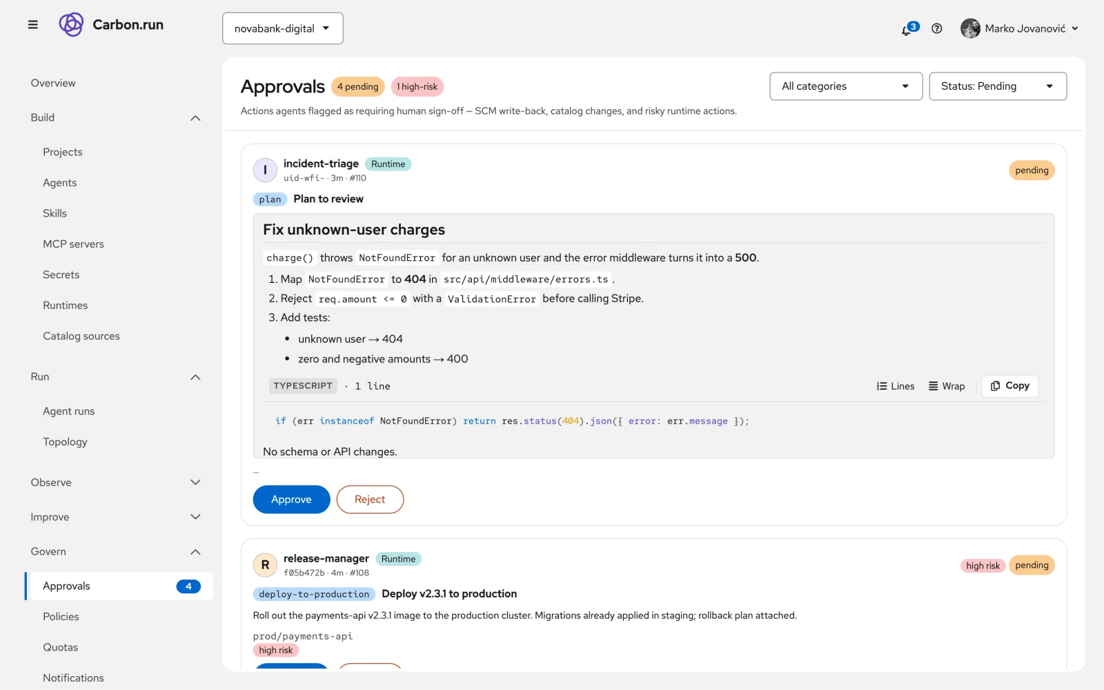 Approvals queue: an agent's plan waiting for review, and a high-risk production deployment that needs sign-off