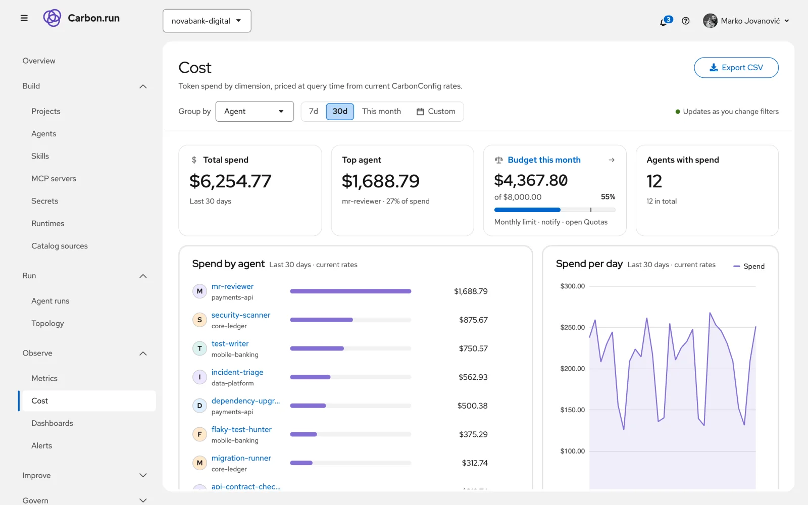 Cost report: $6,255 spent in 30 days, 55% of the monthly budget used, spend per agent and per day