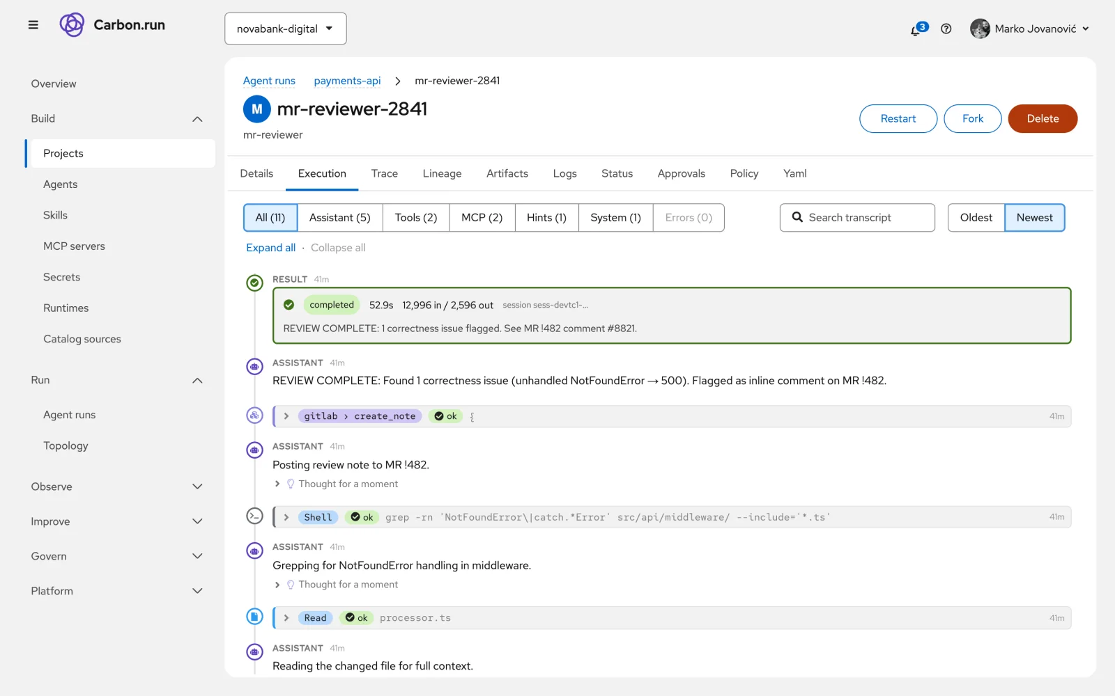 Transcript of an AI merge request review: files read, shell commands, a GitLab comment posted, finished in 53 seconds