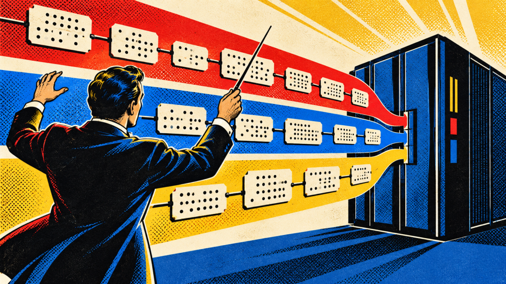 Pop-art conductor coordinating three streams of application releases into a mainframe.