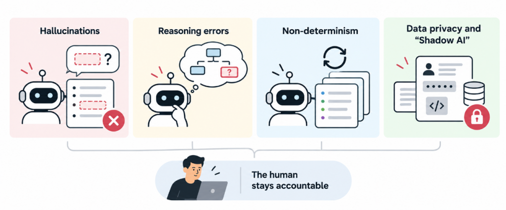 Four panels highlight generative AI risks: hallucinations, reasoning errors, non-determinism, and data privacy and “Shadow AI.” All connect to a tester at a laptop, emphasizing that the human remains accountable.