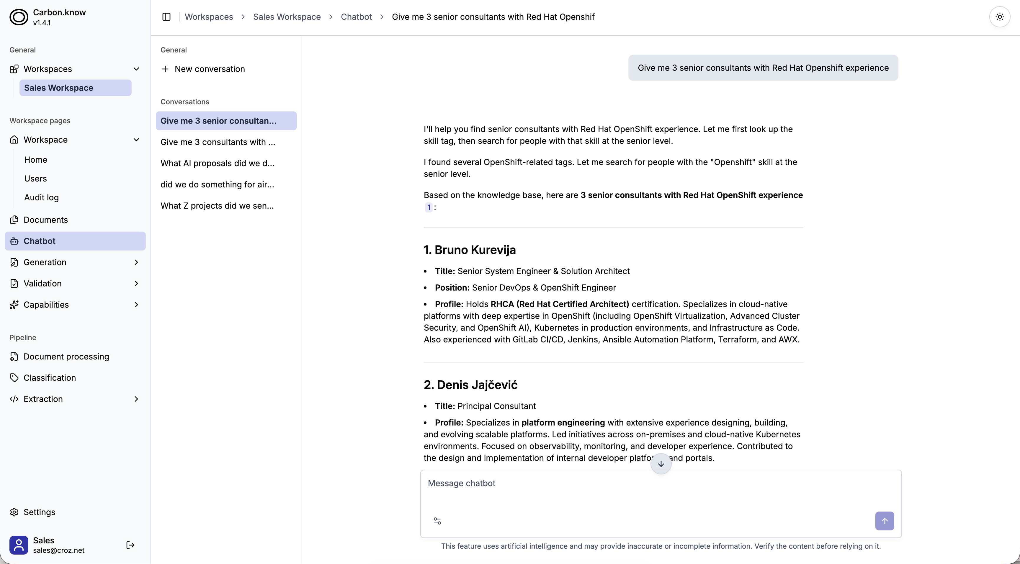 Carbon.know knowledge assistant with cited consultant results