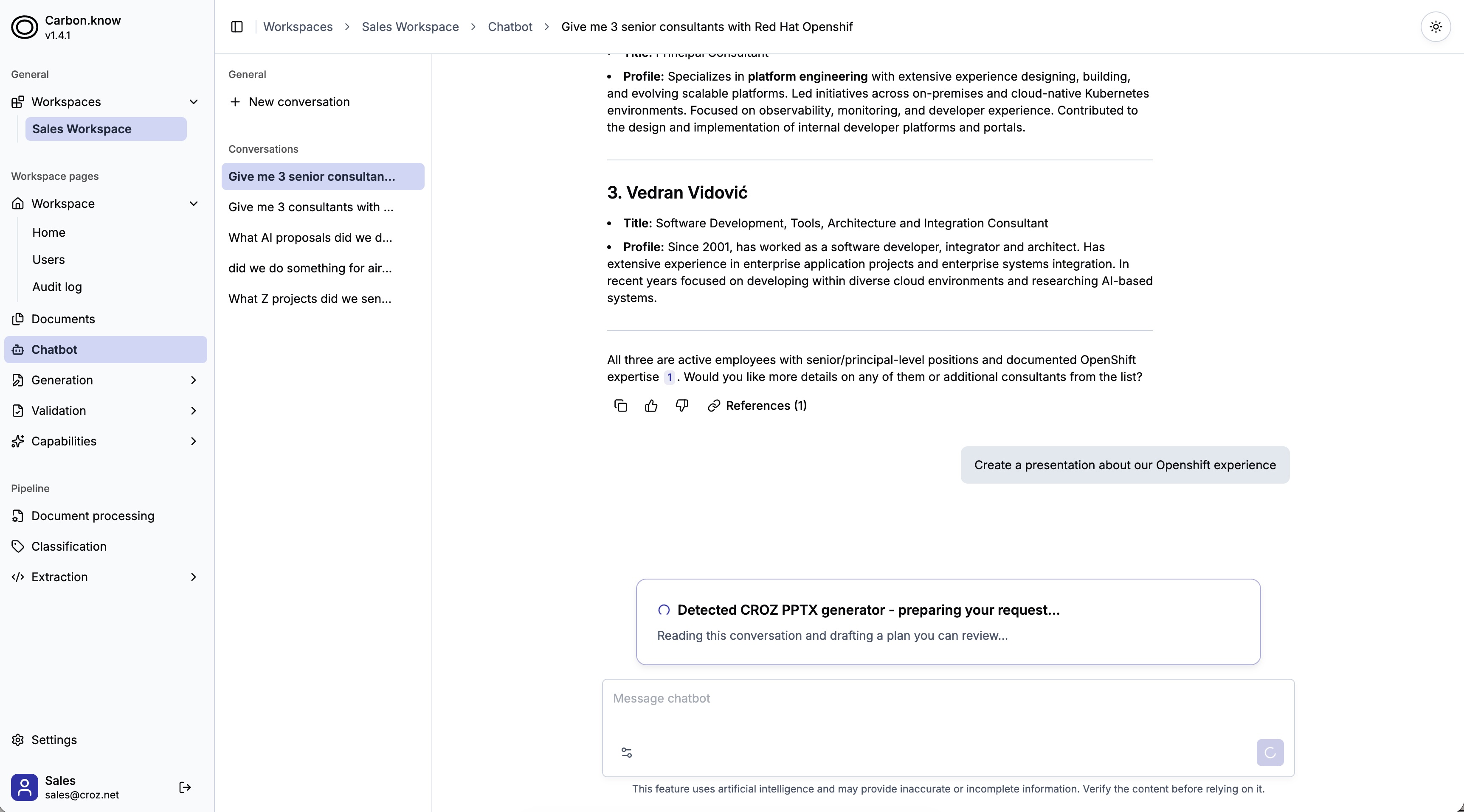 Carbon.know assistant launching a presentation generator