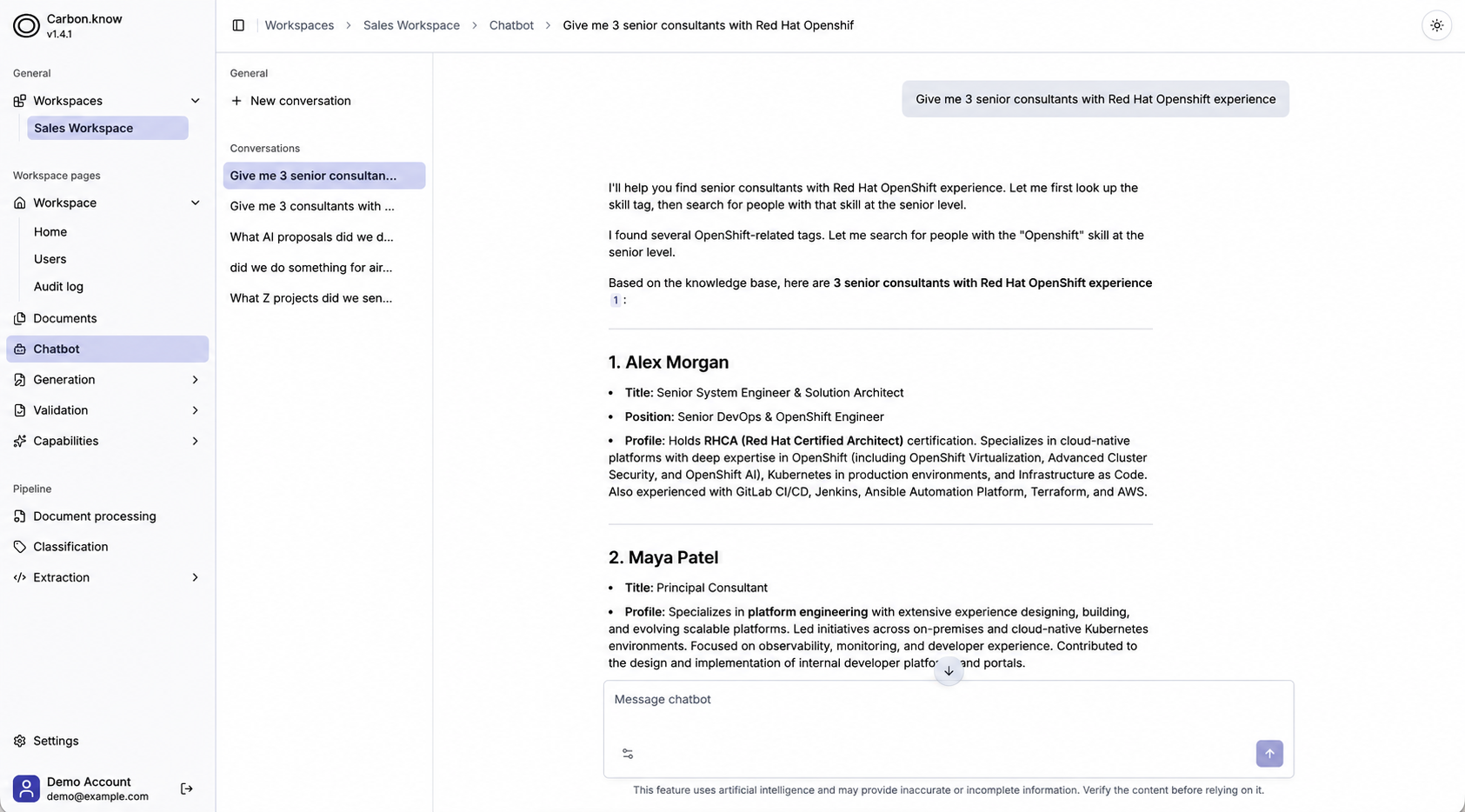 Carbon.know knowledge assistant returning cited senior consultants with Red Hat OpenShift experience