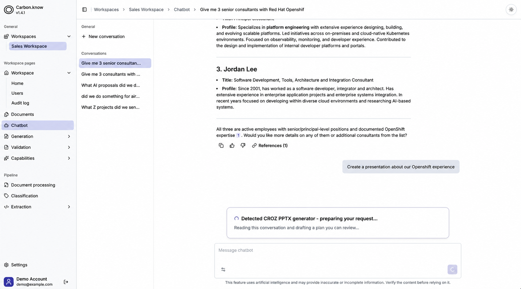 Carbon.know detecting the CROZ PPTX generator and drafting a presentation plan to review