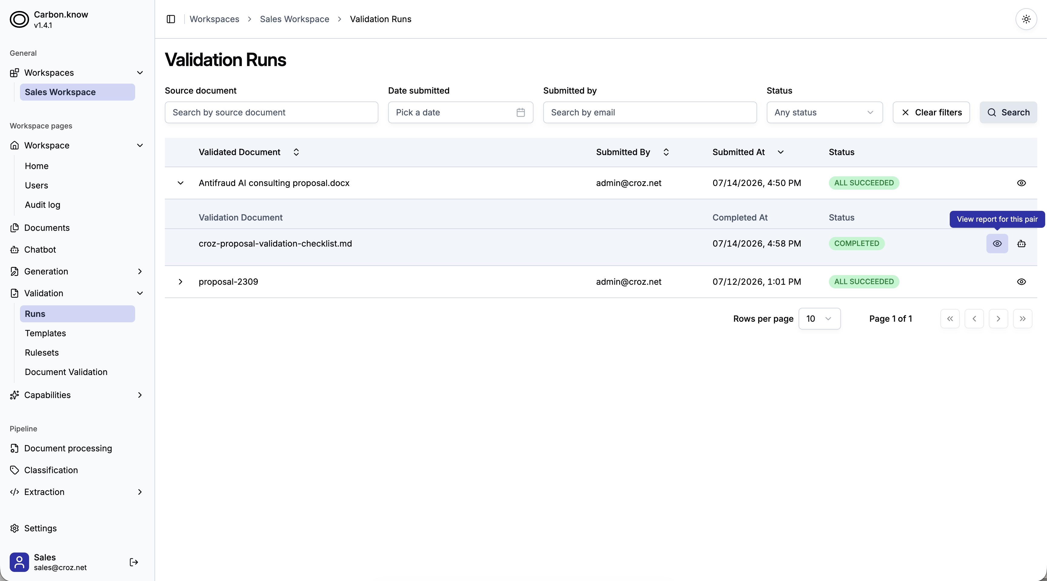 Carbon.know document validation runs and status