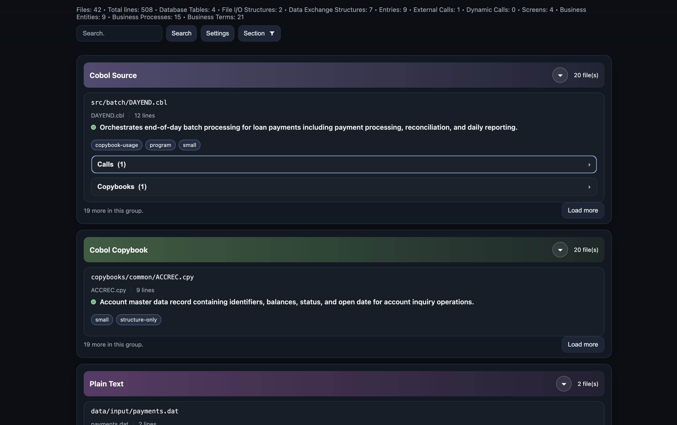 Carbon.modernize file explorer - parsed sources, copybooks and summaries