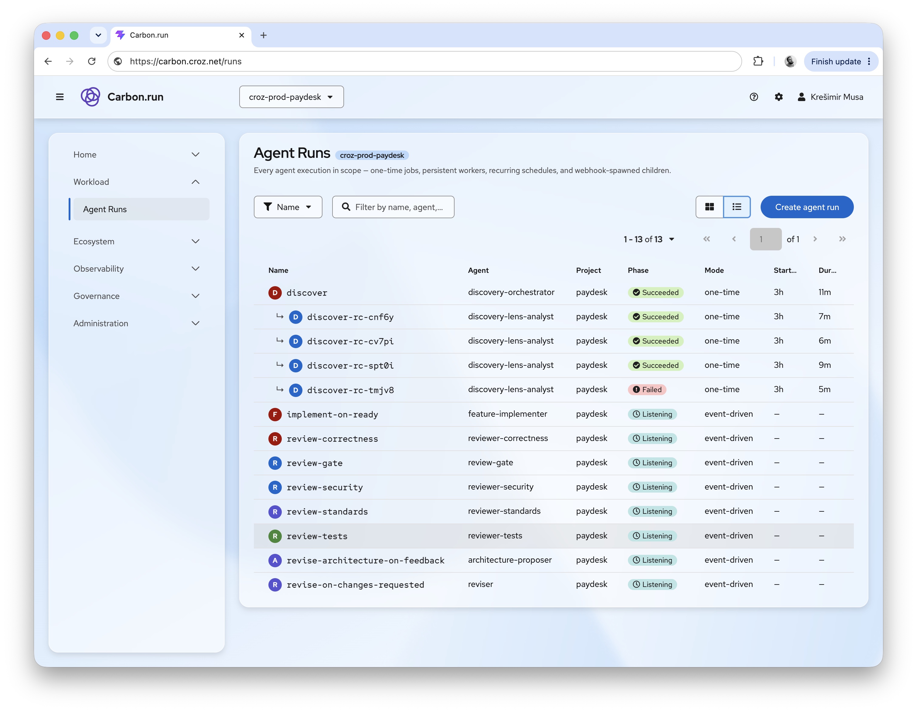 Carbon.run agent runs and status overview
